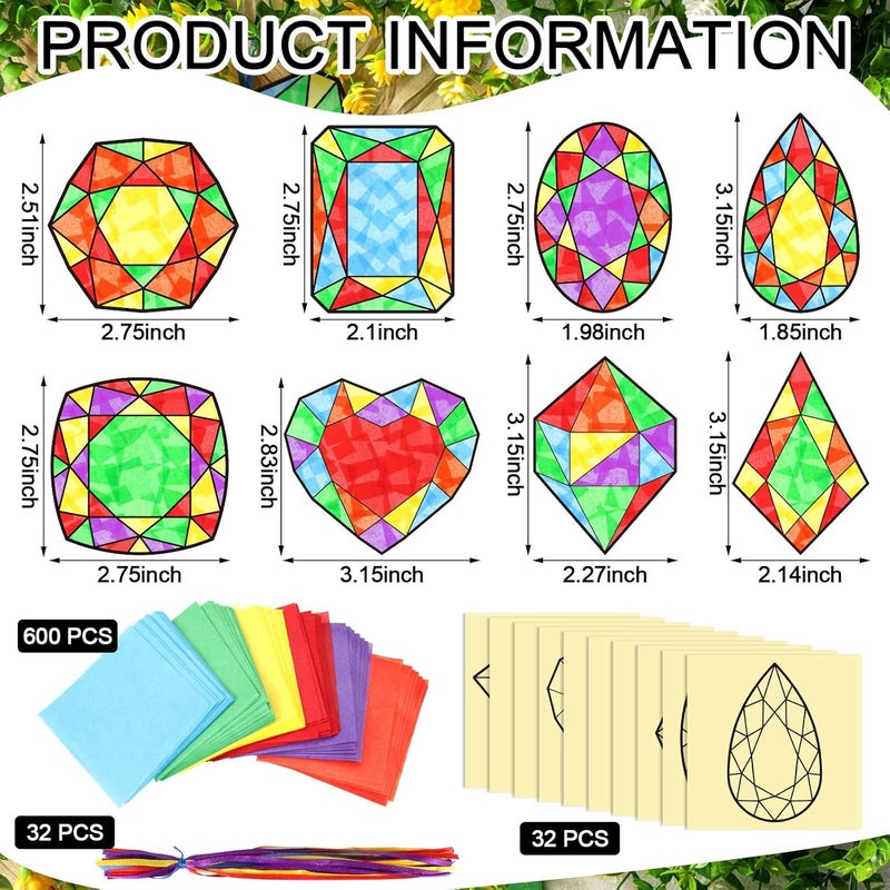 Eersida 32 Pcs Jewel Suncatchers Paper Craft Set DIY Diamond Shaped Stained Glass Effect Tissue Paper Kits Bulk for Window Activities Art Party Decorations Favors Gift - Image 3